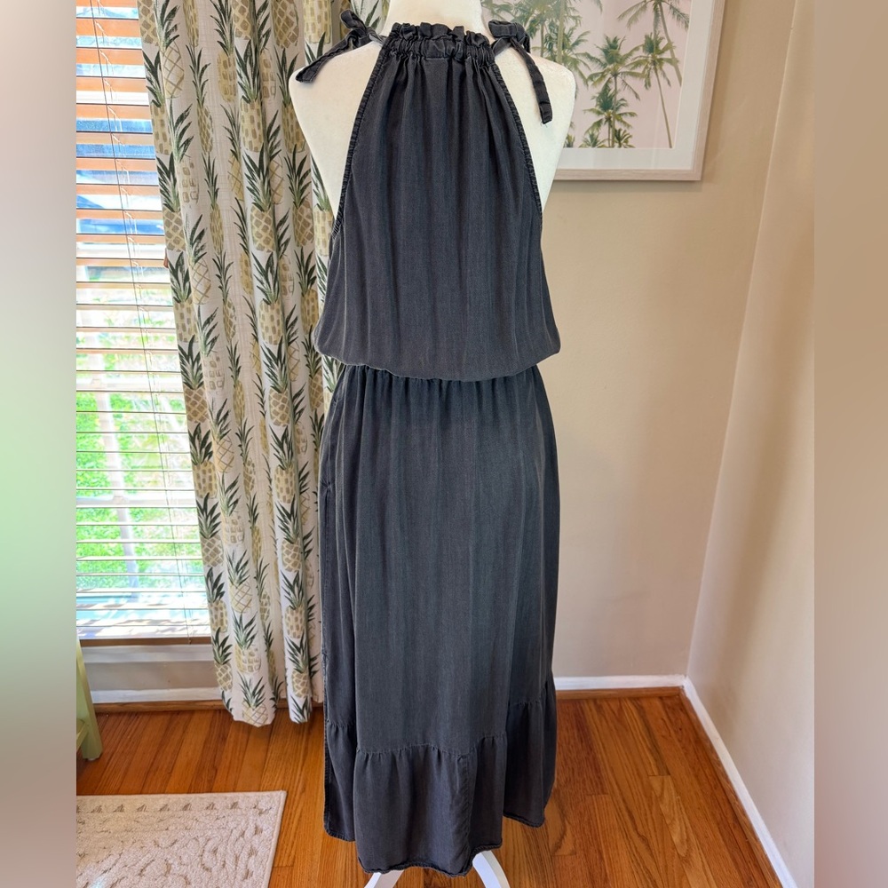 Tie Halter Maxi Dress Washed Black Ruffle Hem Time and Tru Elastic Waist Pockets - Picture 4 of 10